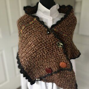 Hand Crocheted Marled Brown Black Picot Edge Vintage Button Ribbon Shrug Wrap